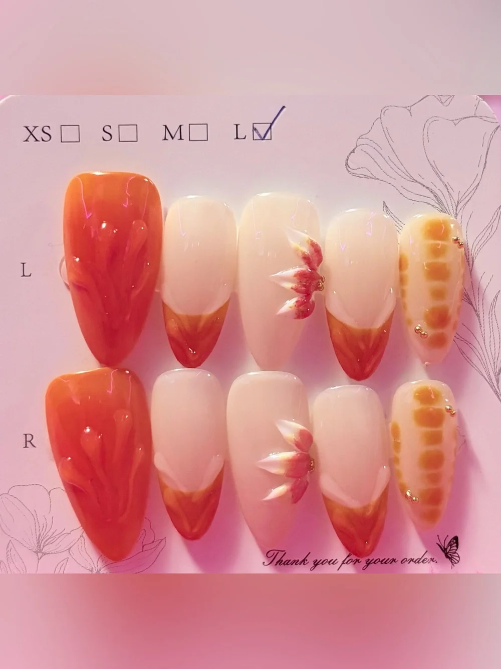 Elegant Orange Floral Acrylic Nail Set - Brand